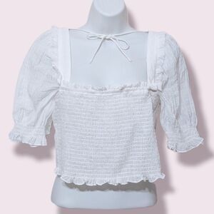H&m puff sleeves smocked white peasant blouse Medium @K1